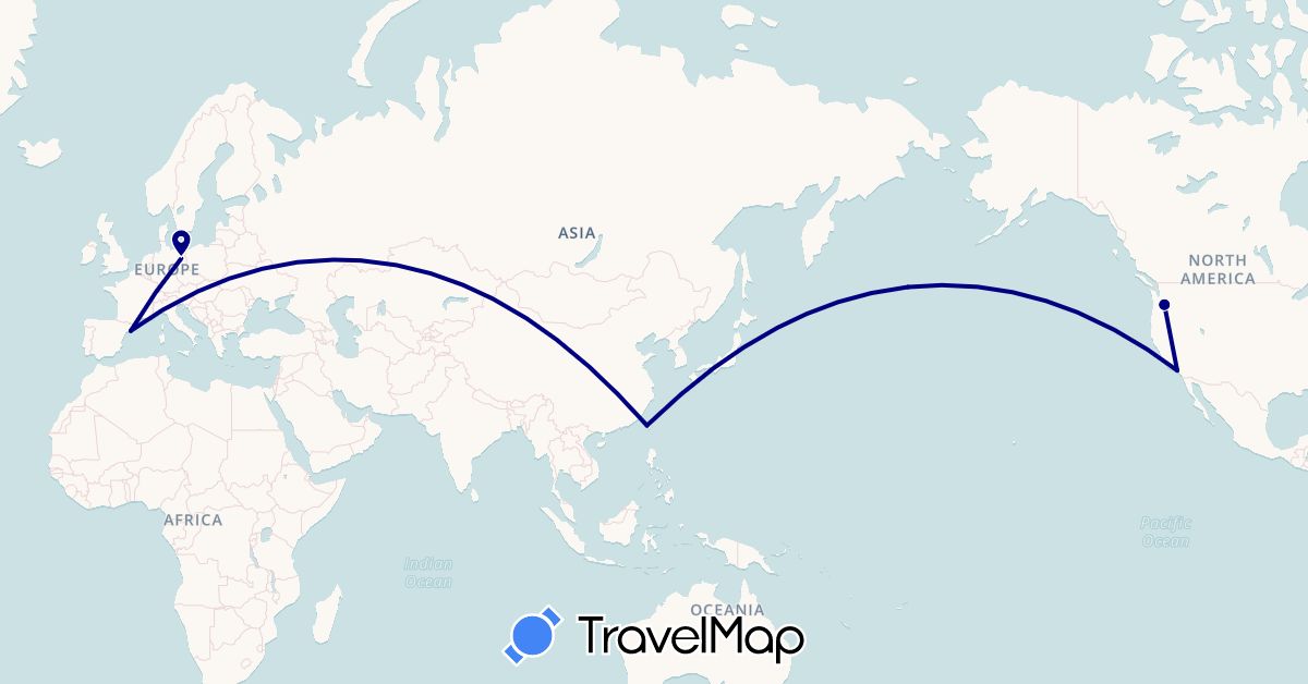 TravelMap itinerary: driving in Germany, Spain, Taiwan, United States (Asia, Europe, North America)